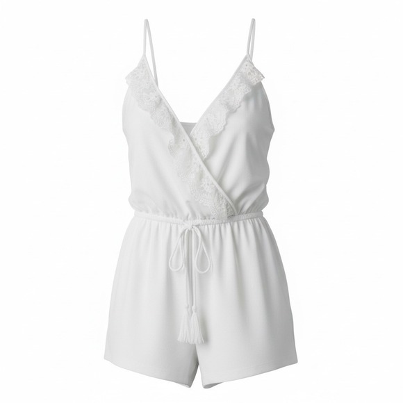 Charlotte Russe Pants - Charlotte Russe White Gauze Lace Trim Tassel Cami Romper Size M